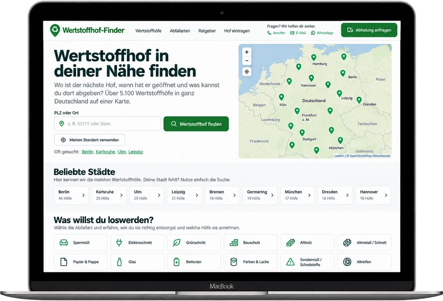 Wertstoffhof-Finder mit Karte, Suche und Abfallarten auf einem Laptop