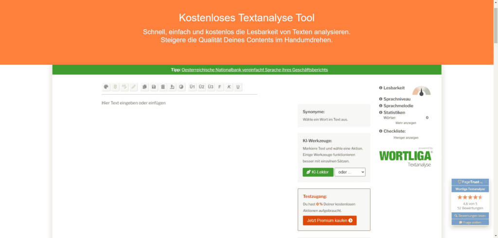 Das kostenlose Textanalyse Tool der Wortliga Tools GmbH.