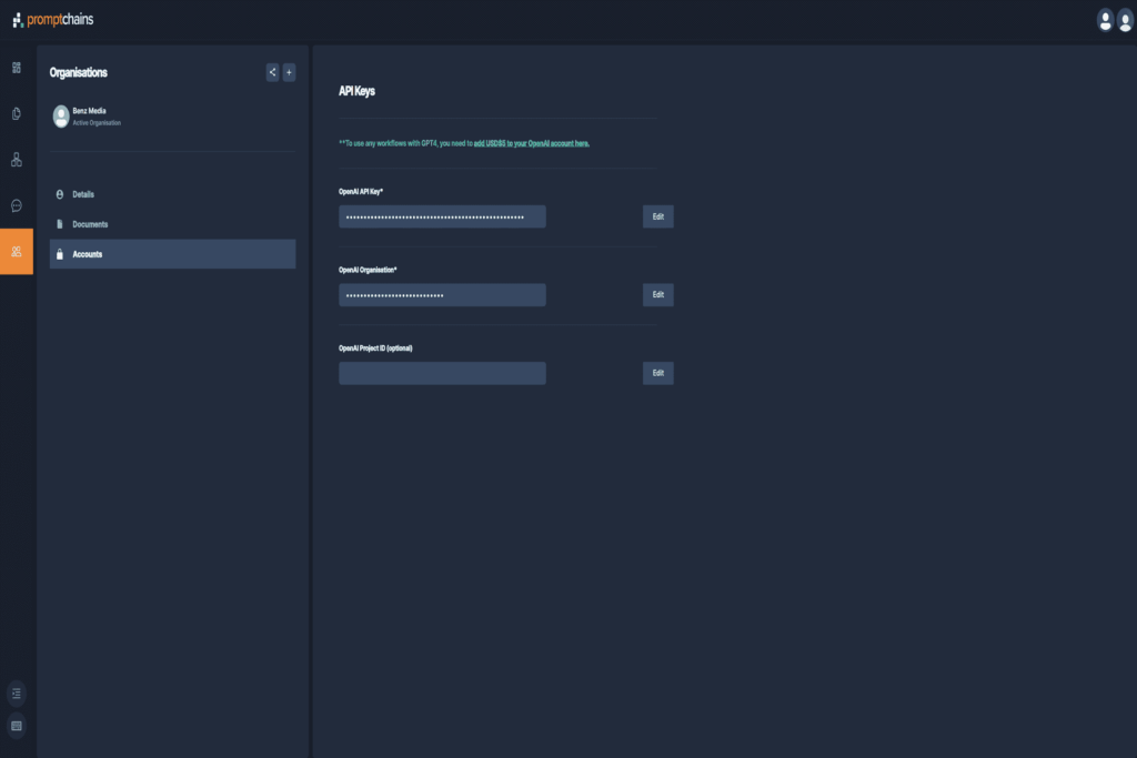 Eingabe des Secret Keys von OpenAI damit promptchains auf die ChatGPT-API zugreifen kann.