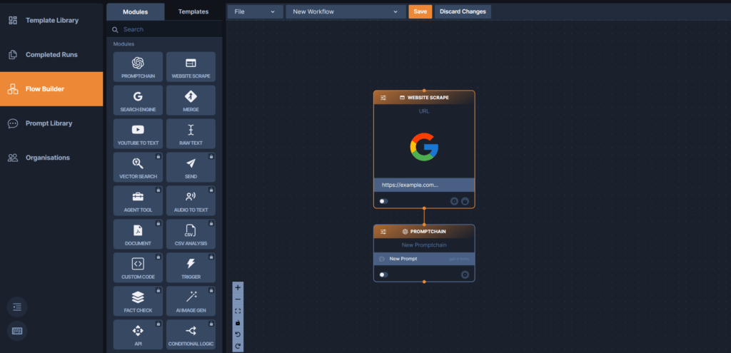 Der Flow Builder von promptchains.