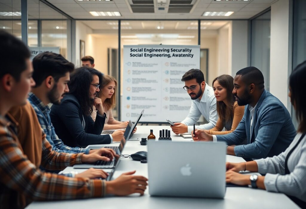 Eine Gruppe von Mitarbeitern sitzt in einem modernen Büro an einem Tisch und arbeitet an Laptops. Im Hintergrund ist ein Poster mit Informationen zu Social-Engineering-Sicherheit sichtbar. Die Gruppe scheint konzentriert, während sie über Sicherheitsmaßnahmen und Präventionsstrategien diskutiert.